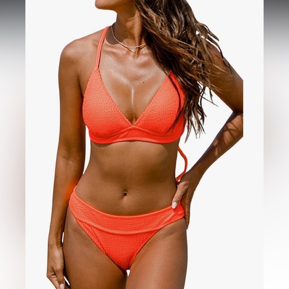 V Neck Crisscross Adjustable Straps Ribbed Cheeky bikini in vibrant orange Small - Picture 1 of 6